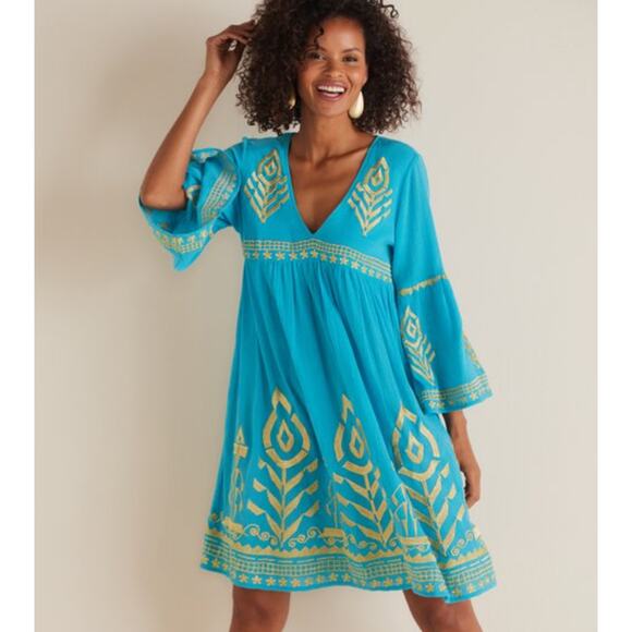 Soft Surroundings Dresses & Skirts - Soft Surroundings Zaneta Turquoise Gold Embroidered Gauze Dress Oversized L XL